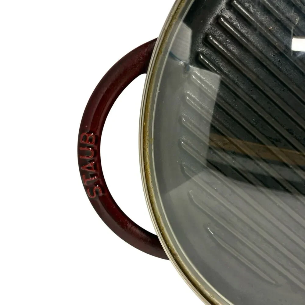 STAUB Cast Iron Round Steam Grill 12” Dark Red Enamel Glass Lid Made In France